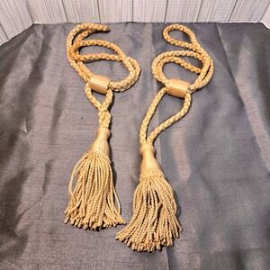 Set of 2 Vtg  Beige Braided Cord Curtain Tiebacks with Tassels and Wooden Beads